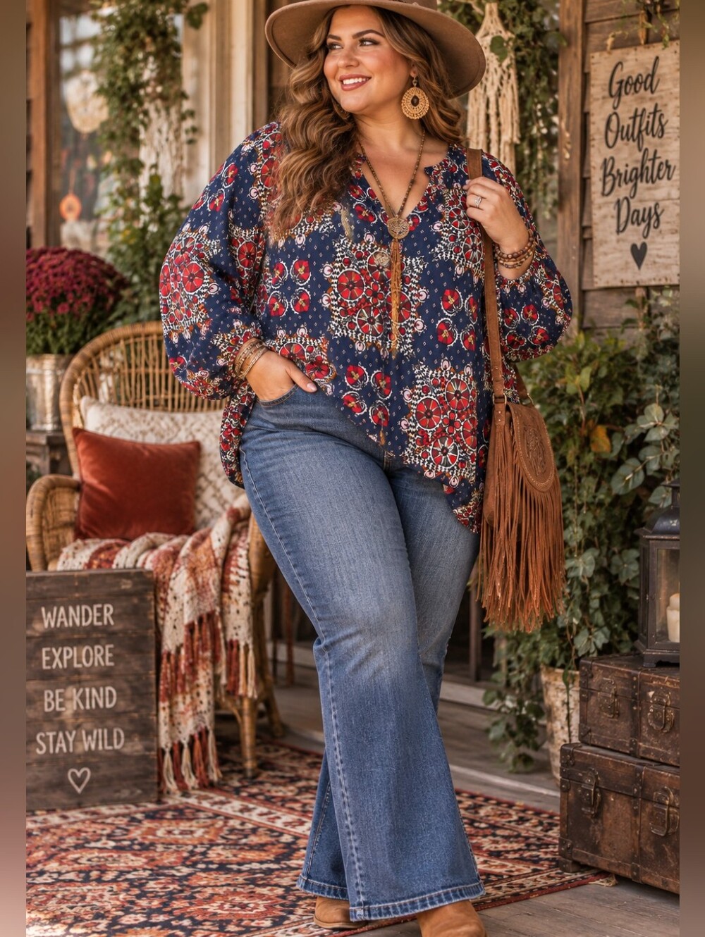 Wonderly NWT 4X Navy Suzani Floral Boho Blouse Plus Size Long Sleeve V-Neck Top